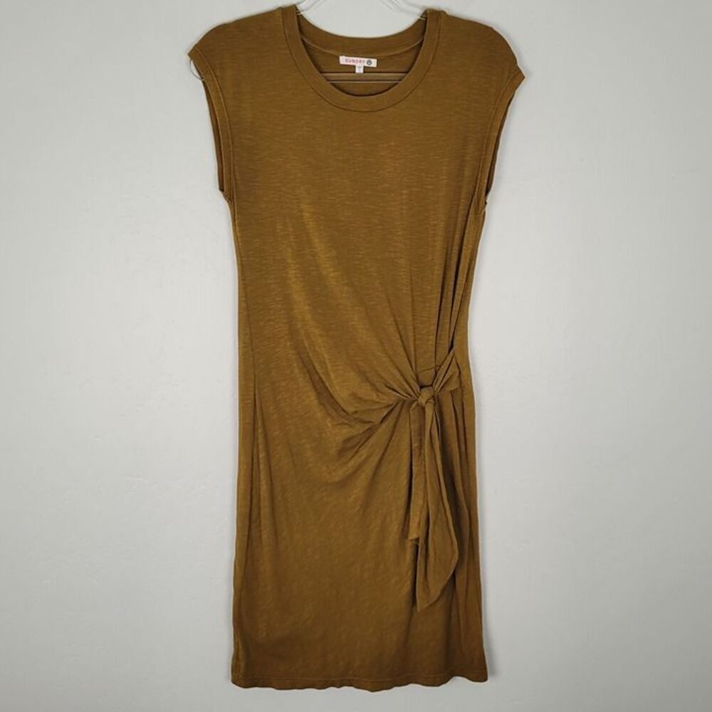 Sundry Size S Side Tie Jersey Dress Short Cap Sleeve Stretch Green Yellow